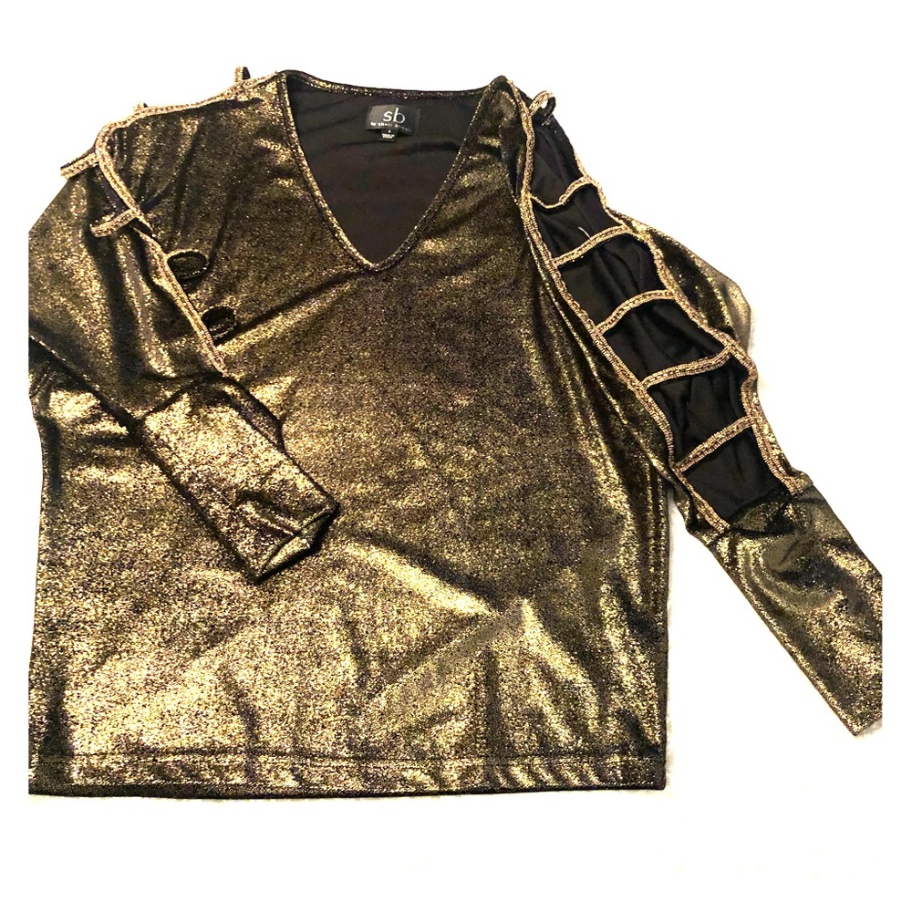 Women’s long sleeves gold with black dressy top.